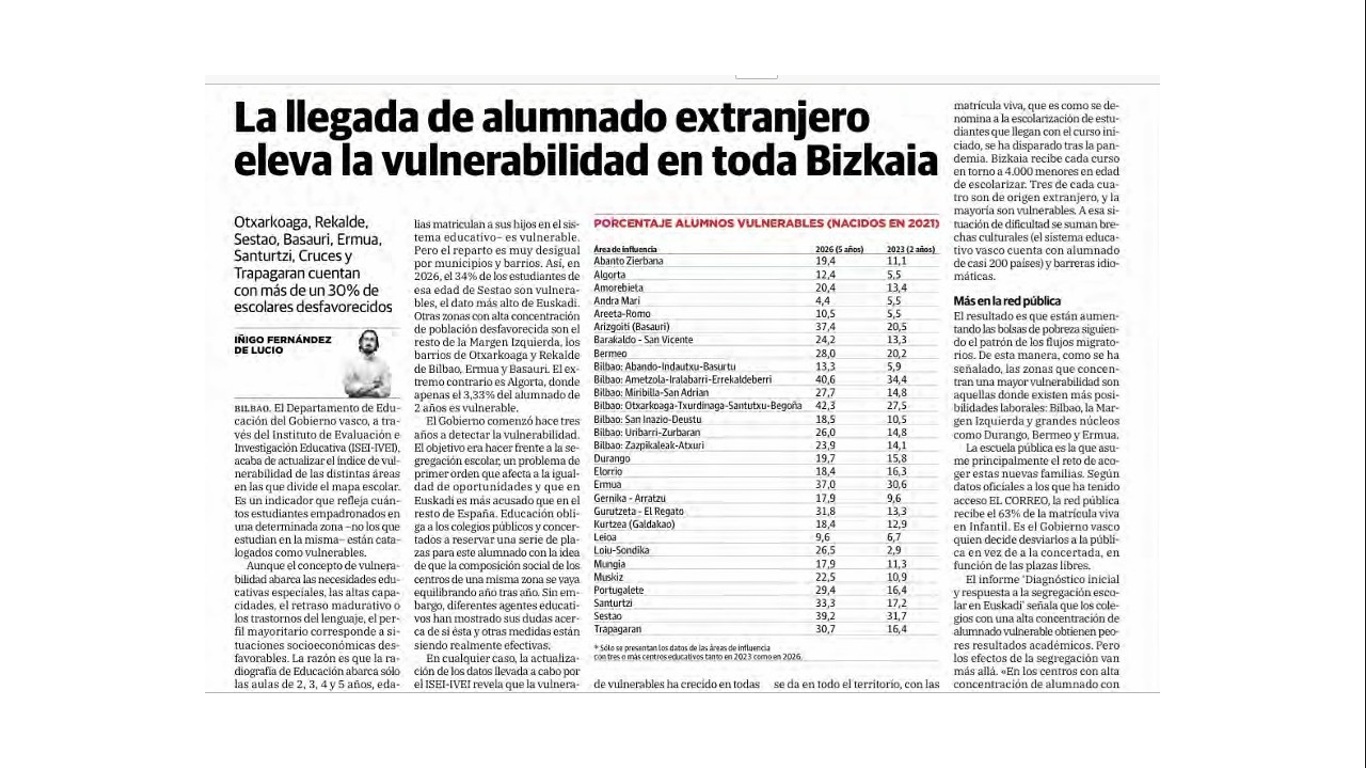 Se eleva la vulnerabilidad escolar en Bizkaia